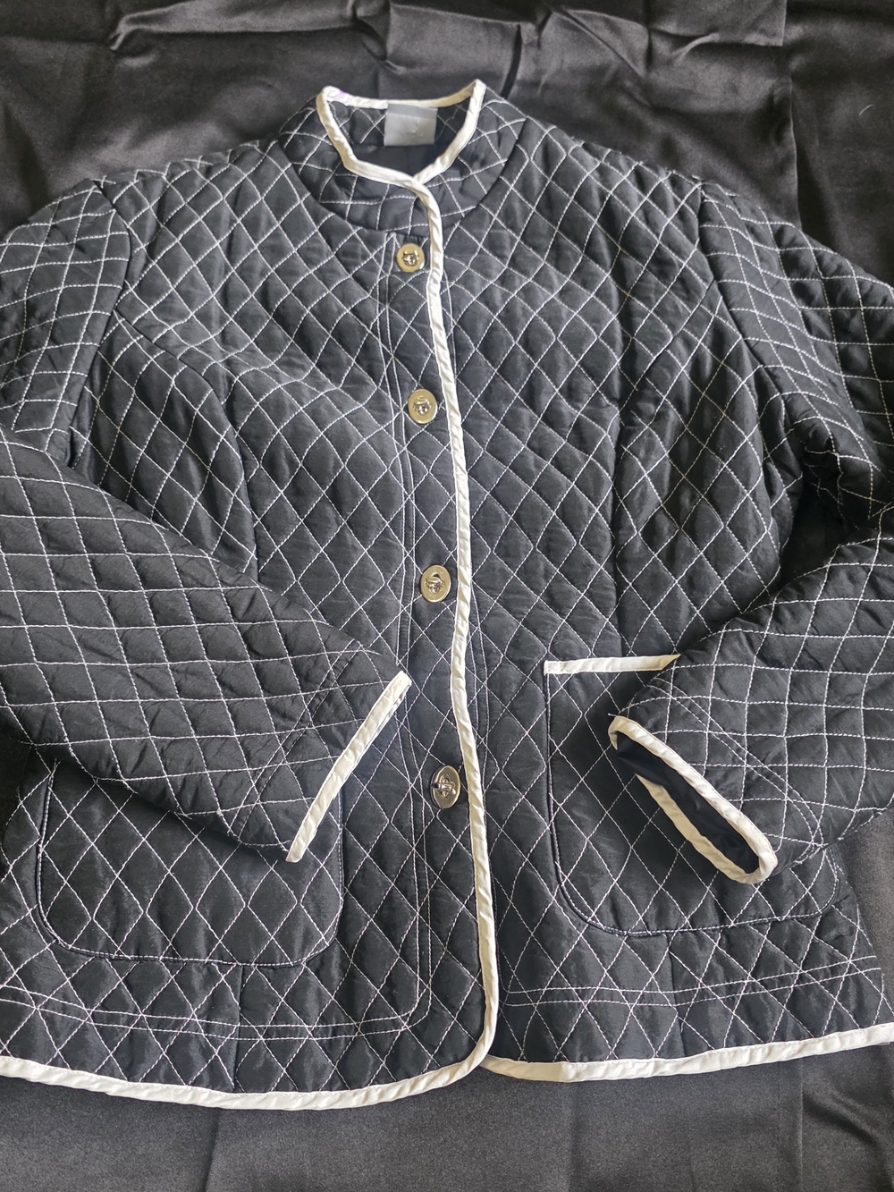 Vintage Black Quilted Utility Jacket Silk Lined Silver Hardware Details